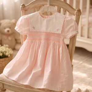 Girls 6X Pink White Midi Easter/Spring Dress